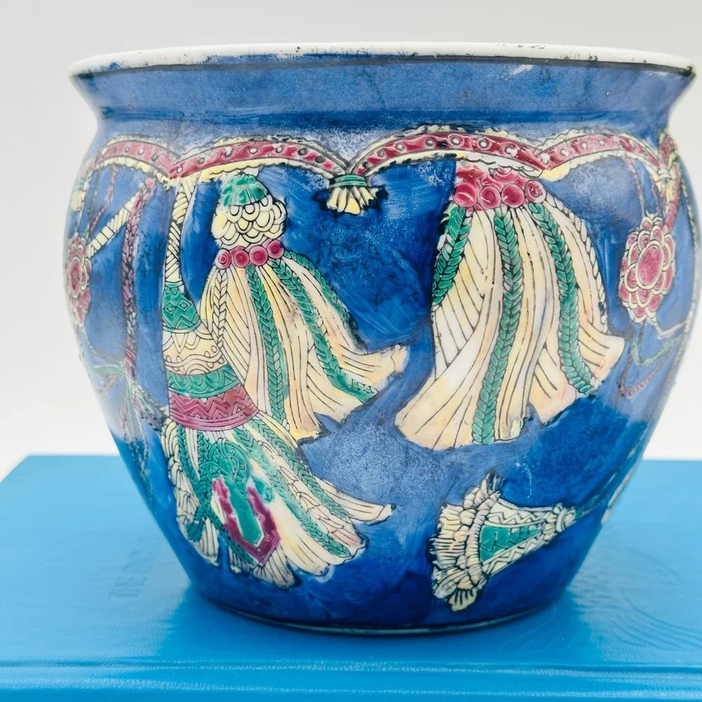 Vintage Chinese Porcelain Fish Bowl Planter Cobalt Blue Tassel Hand Painted